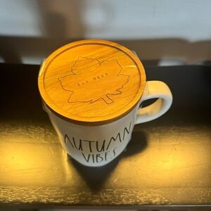 Rae Dunn White Mug with Wooden Leaf Lid